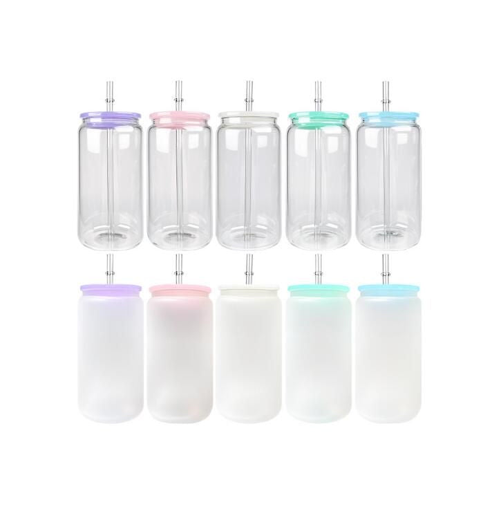 16oz Blank Sublimation Glass Can Jar with plastic Colored lid Tumbler (Clear or Frosted)