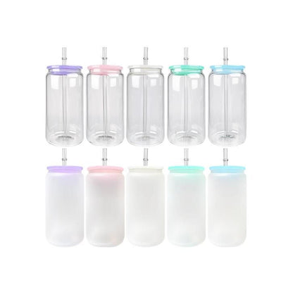 16oz Blank Sublimation Glass Can Jar with plastic Colored lid Tumbler (Clear or Frosted)