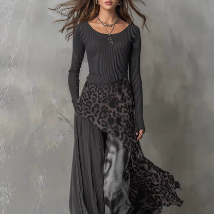 Women's Leopard Print Ribbed Knit Maxi Dress – Long Sleeve High Waist Full Skirt
