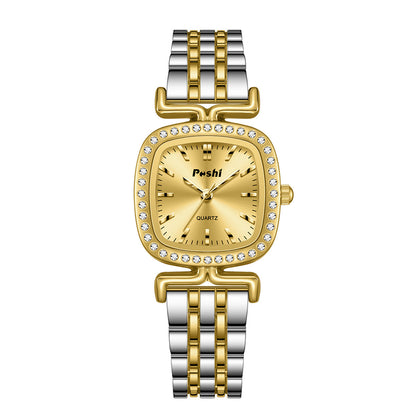 Diamond-encrusted Dial Oval-shaped Steel Bracelet Quartz Womens Watch