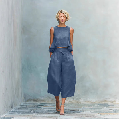 Women's Linen-Blend Sleeveless Two Piece Set with Ruffled Detailing