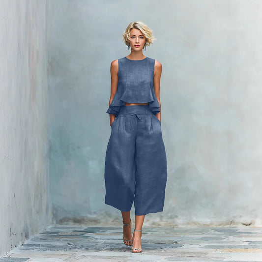 Women's Linen-Blend Sleeveless Two Piece Set with Ruffled Detailing