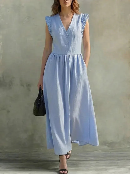 V-Neck Puff-Sleeve Dress with Pockets – Cotton Linen, 7 Colors