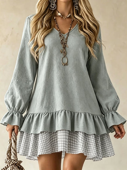 Women's V-Neck Ruffle Sleeve Plaid Patchwork Mini Dress