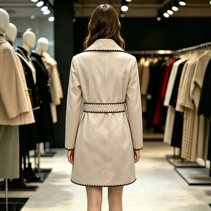 French Elegant Wool Coat | Notched Lapel Zigzag Trim & Belt | Apricot
