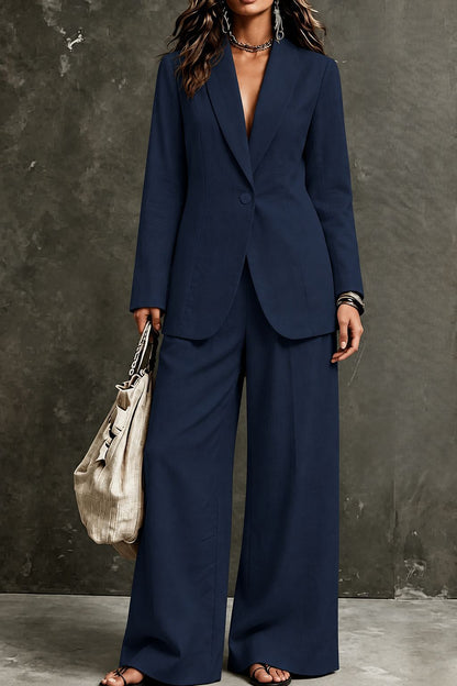 Women's Linen-Look Single-Button Blazer & Wide-Leg Trouser Suit Set