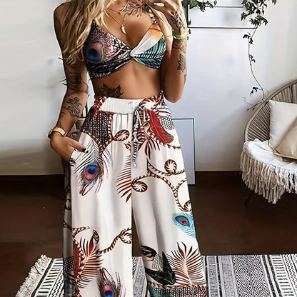 Women's Feather Print Crop Top & Pants Set – 2-Piece Vacation Outfit