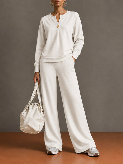 Women's Single-Button Split-Neck Sweatshirt & Wide-Leg Pants Set