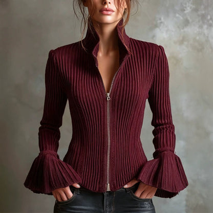 Women's Slim-Fit Rib-Knit Zip-Up Top with Flared Cuffs