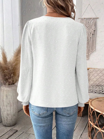 Swiss Dot Lace Detail Notched Long Sleeve Blouse – Feminine Style