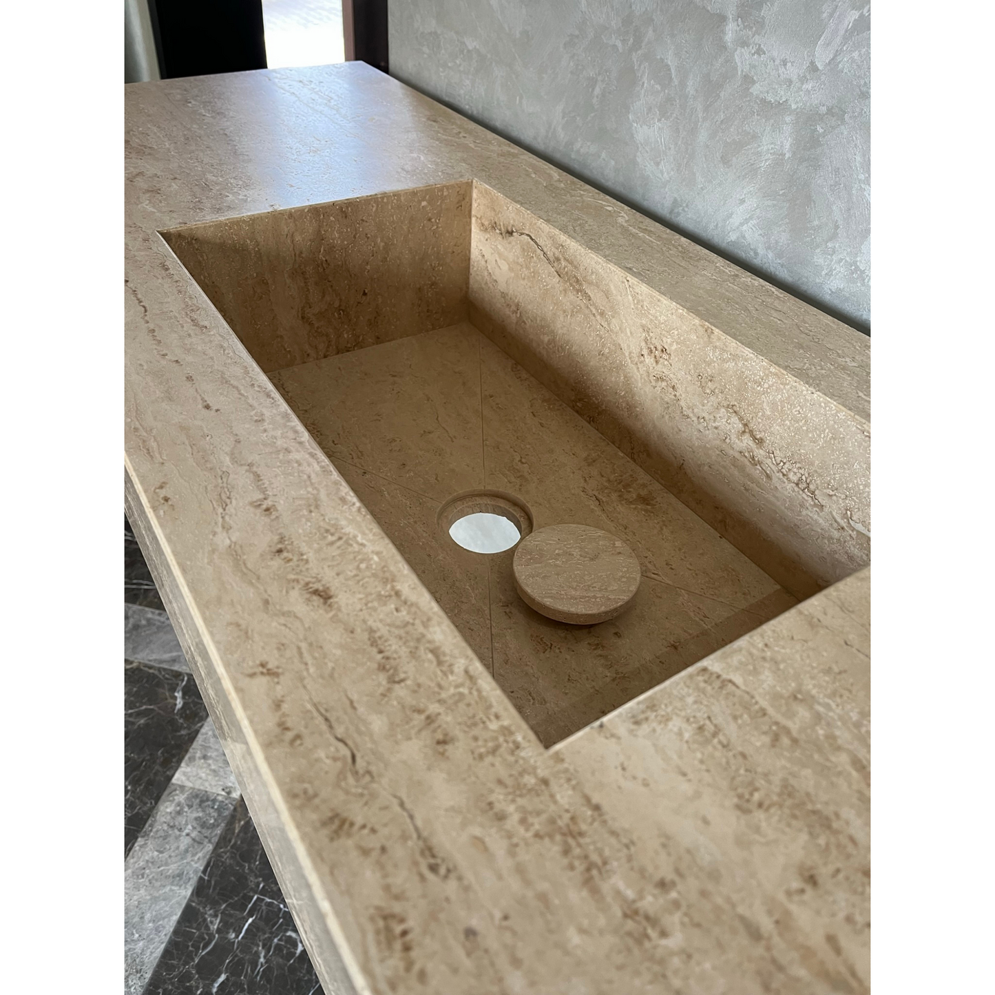Travertine Beige Handcrafted Custom Bathroom Vanity Sink - Vein-Cut Natural Stone