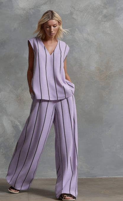 Women’s Sleeveless Striped Top and Full-Length Pants Set