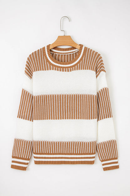 Khaki Two Tone Striped Patchwork Drop Shoulder Sweater