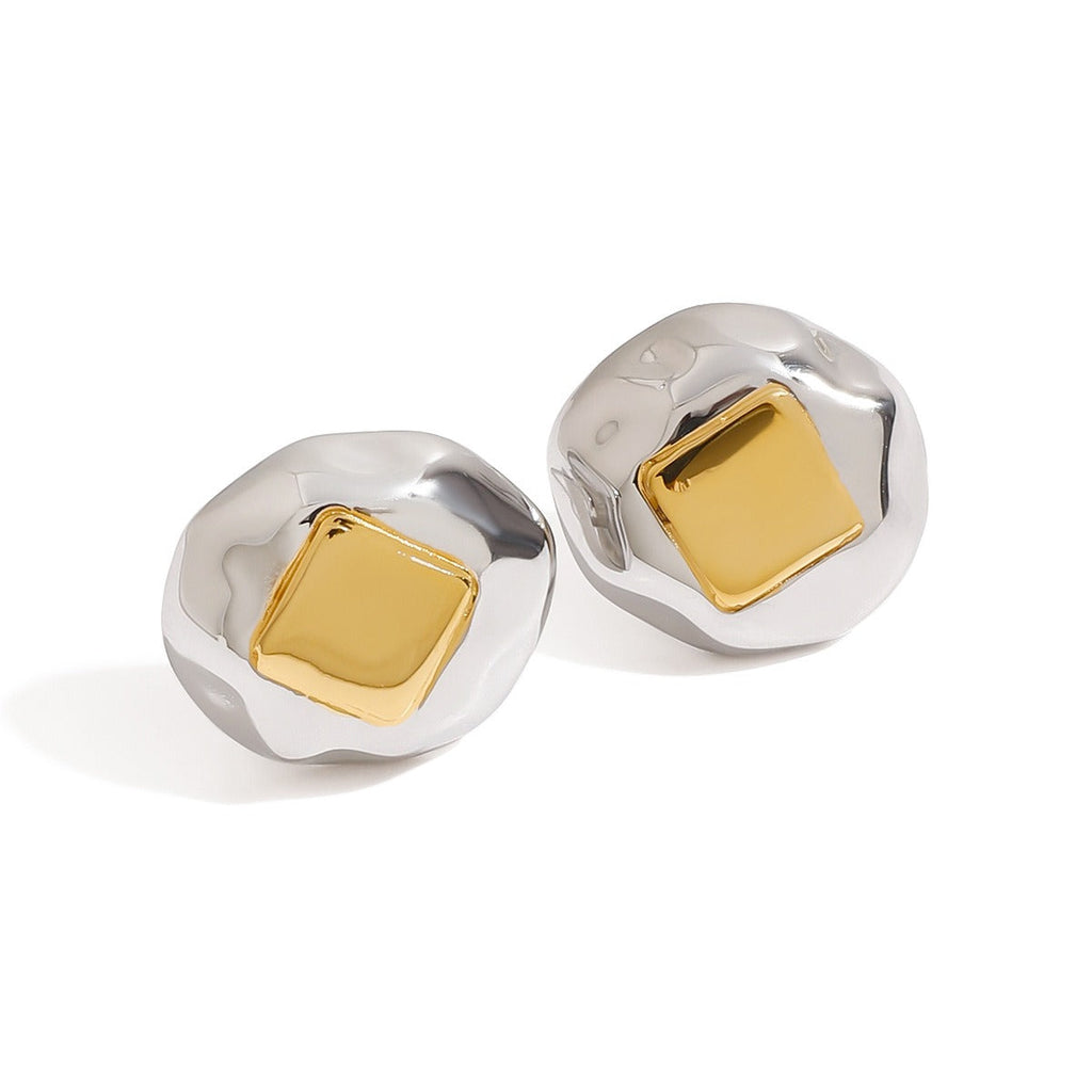 18K gold geometric inlay with gold and silver color matching design unique personality earrings