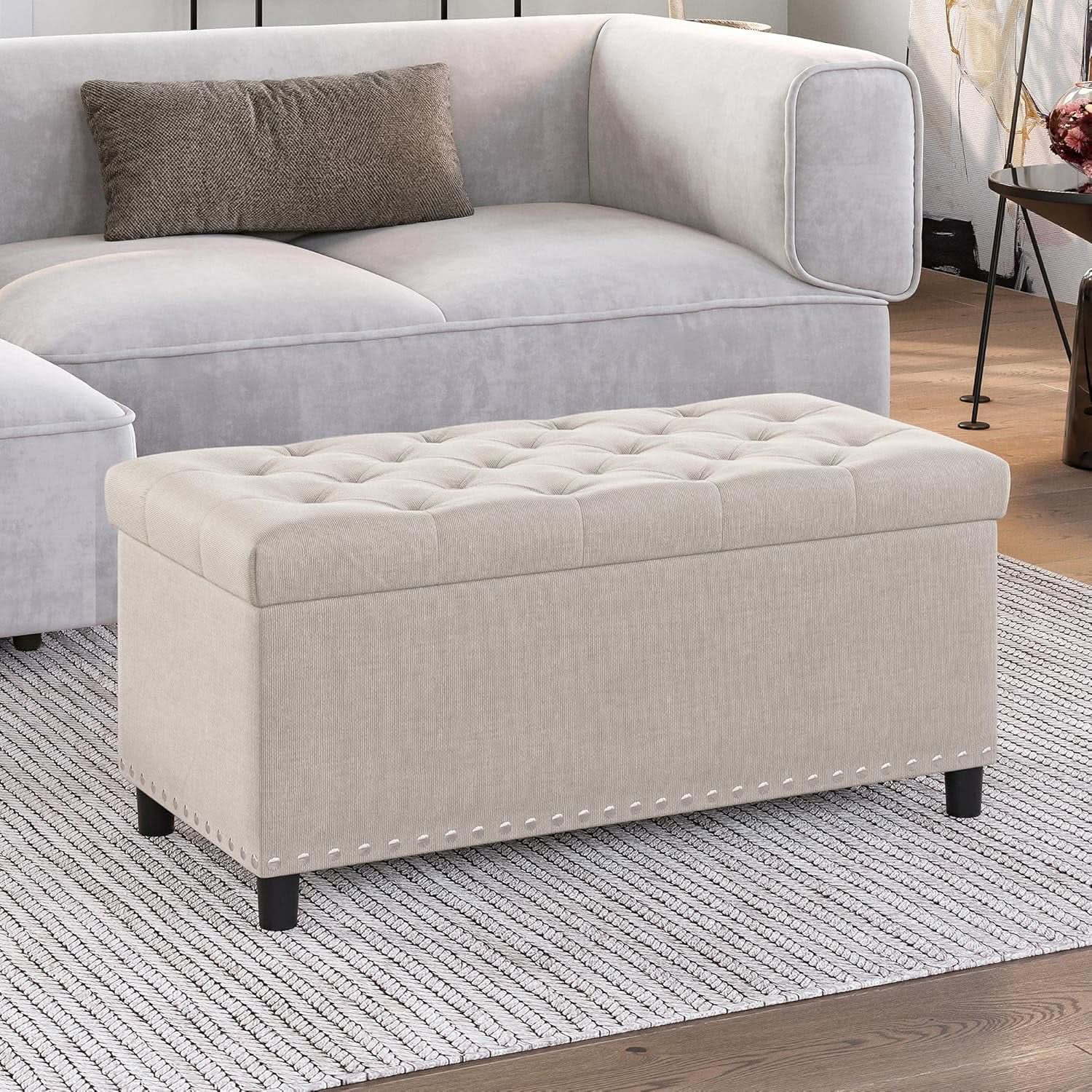 Rectangular Thirty Five Inch Beige Tufted Storage Ottoman Upholstered
