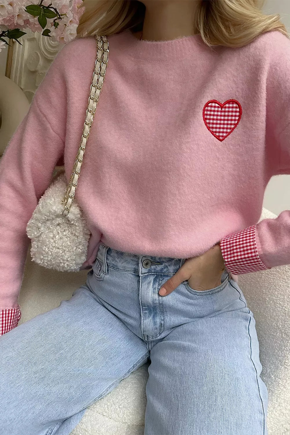 Plaid Heart Embroidered Cuffed Drop Shoulder Crew Neck Sweater