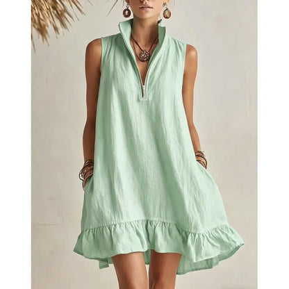 Women's Casual Loose Half-Zip Sleeveless Dress with Ruffle Hem