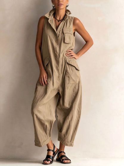 Women's Cotton Sleeveless Cargo Jumpsuit – Wide Leg Multi-Pocket