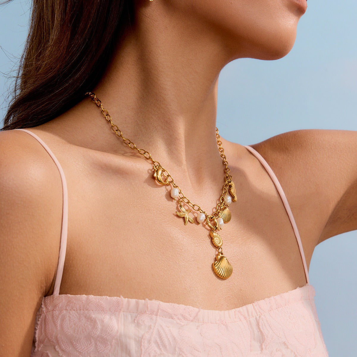 18K gold ocean element with texture design exquisite fashion necklace