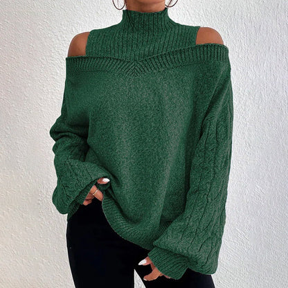 Women's Cold Shoulder Sweater - High Neck Cut Out Pullover Long Sleeve