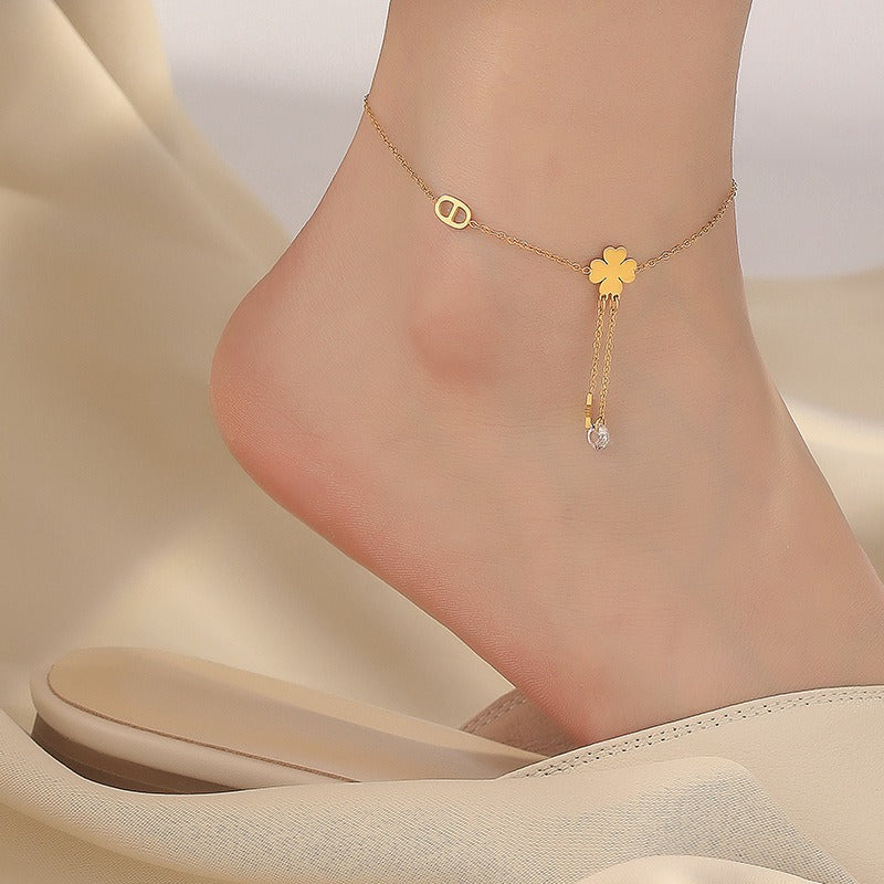 18k gold tassel star four-leaf clover anklet