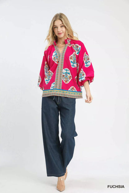 Umgee Boho Floral Print Tunic Blouse
