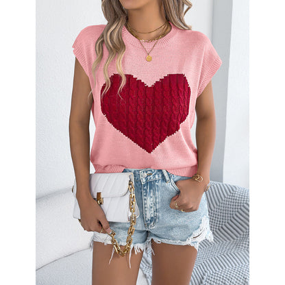 Women’s Heart Color Block Knit Top – Casual Sleeveless Valentine Tank