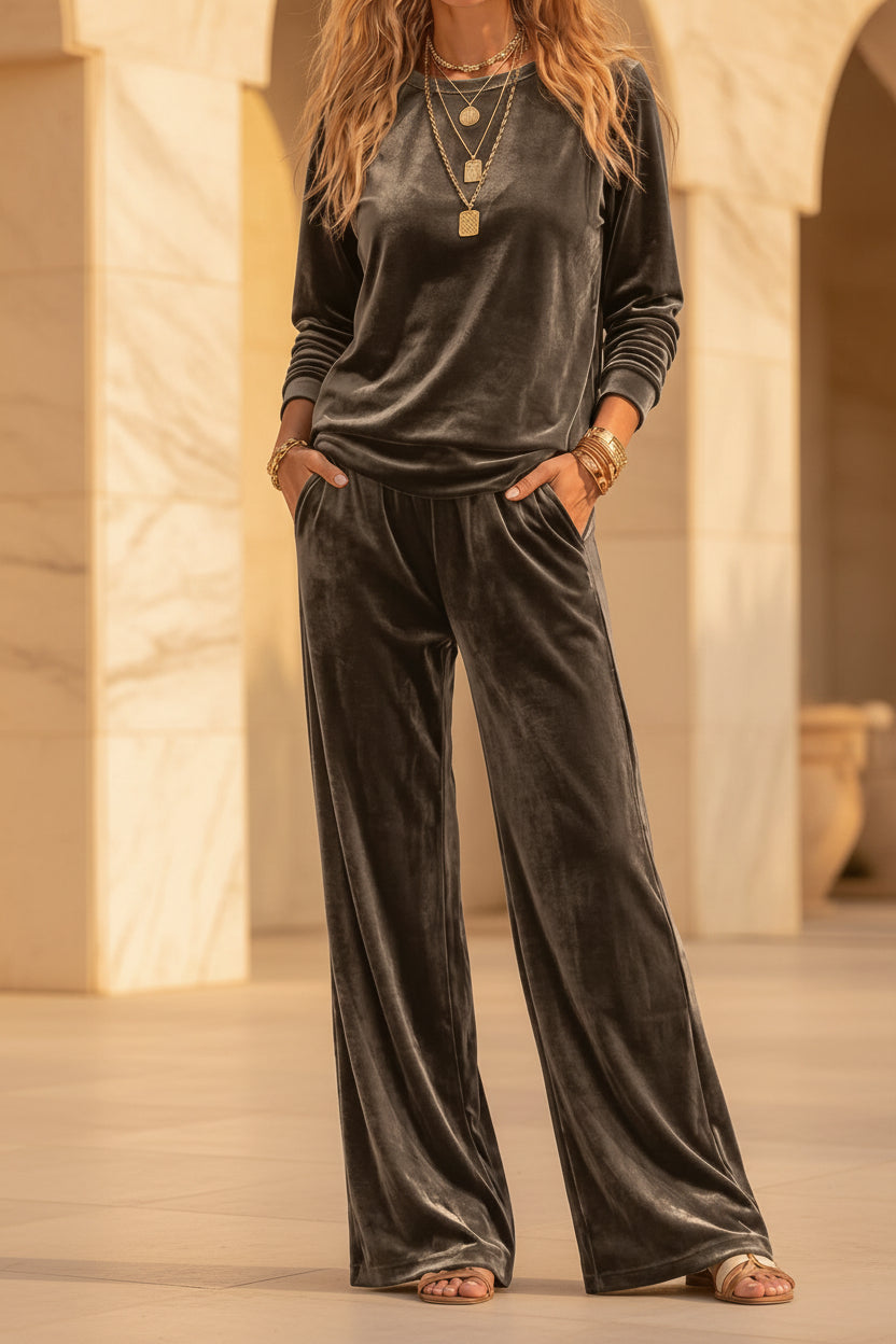 Women's Velvet Two-Piece Lounge Set – Round Neck Top & Wide-Leg Pants
