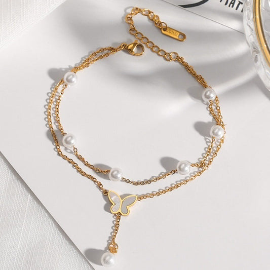 Double-layer pearl butterfly pendant shell anklet