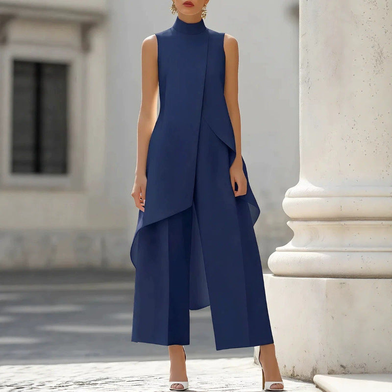 Women's Mock Turtleneck Sleeveless Asymmetric Cascade Drape Longline Top & Wide-Leg Cropped Trouser Set