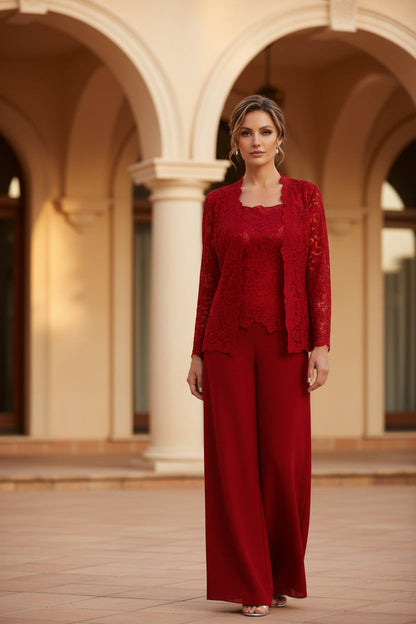 Women's Floral Lace Jacket & Top & Chiffon Wide-Leg Pants Three-Piece Formal Set – 12 Colors US0–14