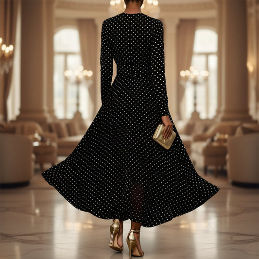 Round Neck Long Sleeve Polka Dot Sheath Dress