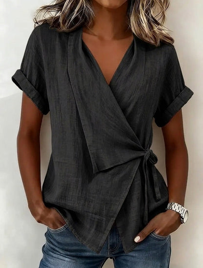 Women's Casual Lapel Collar Lace-Up Short-Sleeve Linen Top