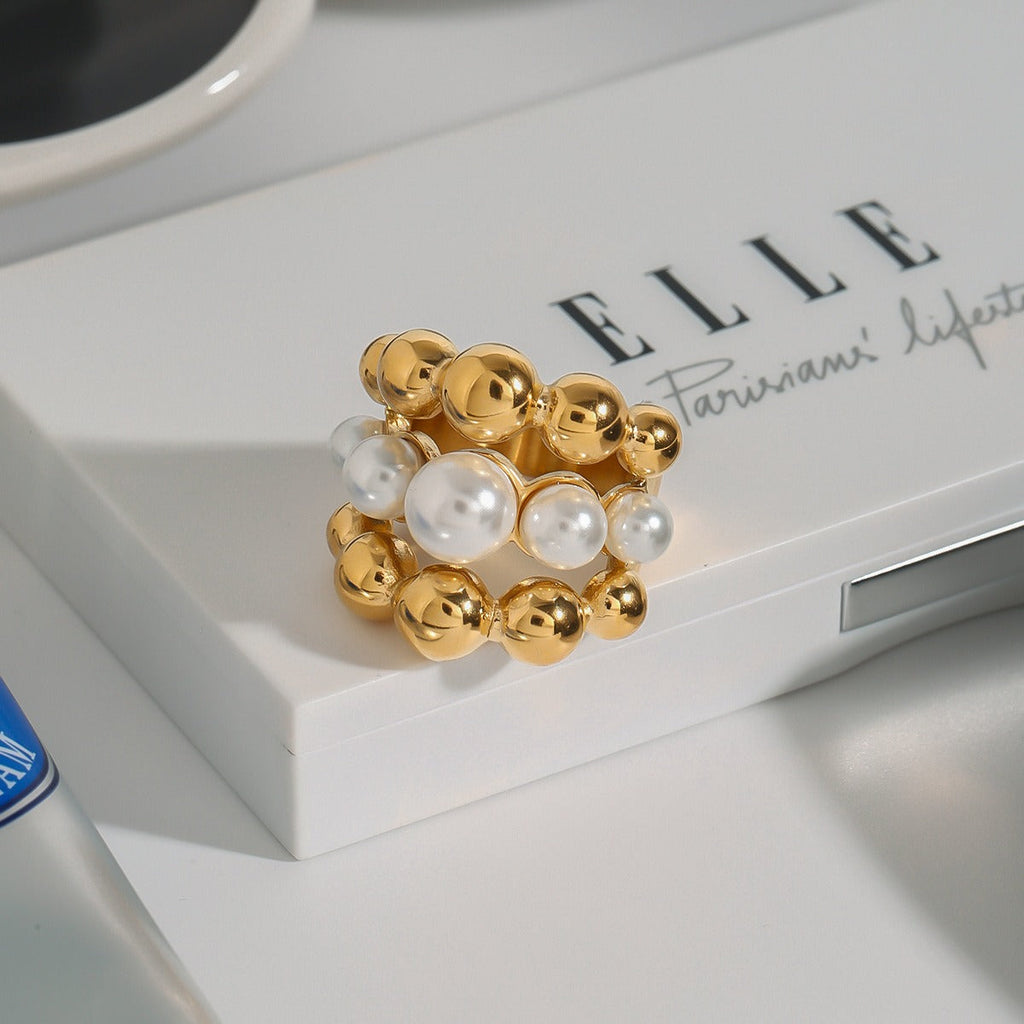 18K gold multi-layer round beads with pearl design exquisite high-end ring