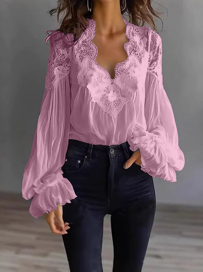 Lace-Panel Puff Sleeve Pleated Ruffle Shirt | Ballet Style