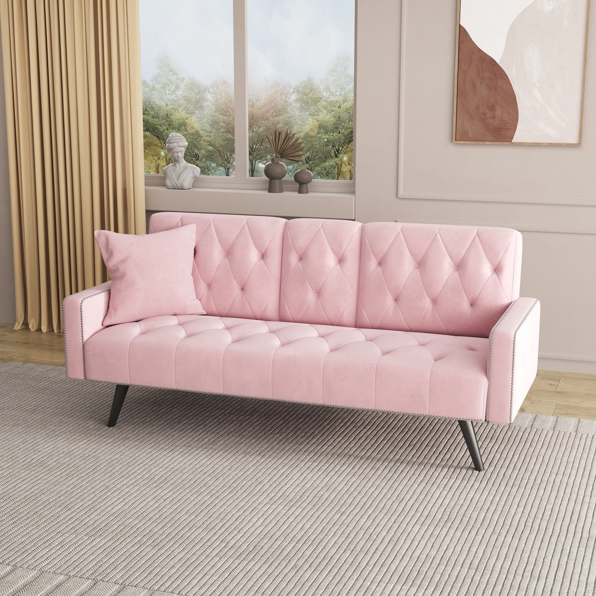 Sofa Bed With Nail Head Trim And Cup Holders - Pink