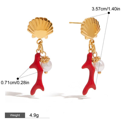 18K gold shell and coral design exquisite and noble earrings