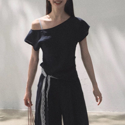 Linen Off-Shoulder Asymmetric Casual Set – 2 Colors, S–L