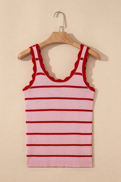 Rose Stripe Scalloped Edge Ribbed Tank Top