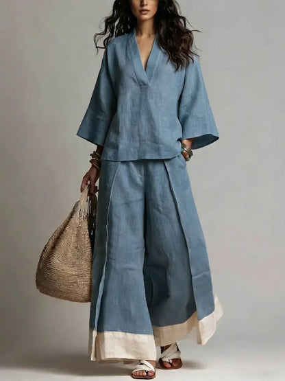 Women's Cotton-Linen V-Neck 3/4 Sleeve Shirt & Wide-Leg Pants Set
