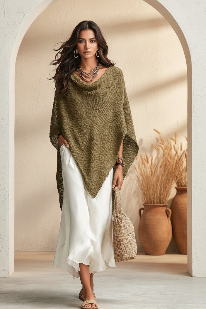 Women's Open-Knit Asymmetric Cape & Ruched V-Neck Fluid Maxi Dress Set