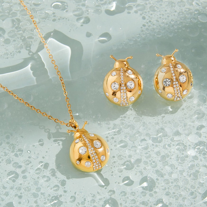 18k gold ladybug titanium steel necklace and earrings