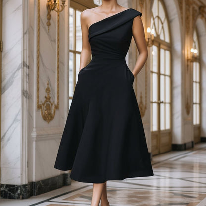 Women's Off-Shoulder Swing Dress – Solid Color Flowy Midi