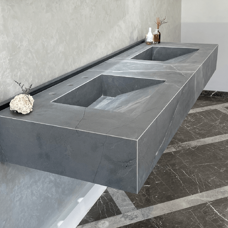 Armani Grey Engineered Porcelain Double Sink Handcrafted with Modern Marble Aesthetics