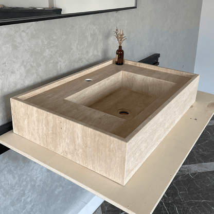 Travertine Handcrafted Vein-Cut Beige Custom Bathroom Sink Basin