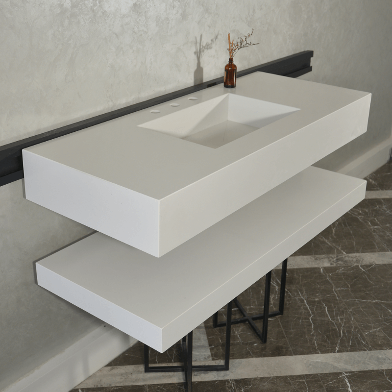 Handcrafted White Polished Engineered Quartz Sink With Shelf