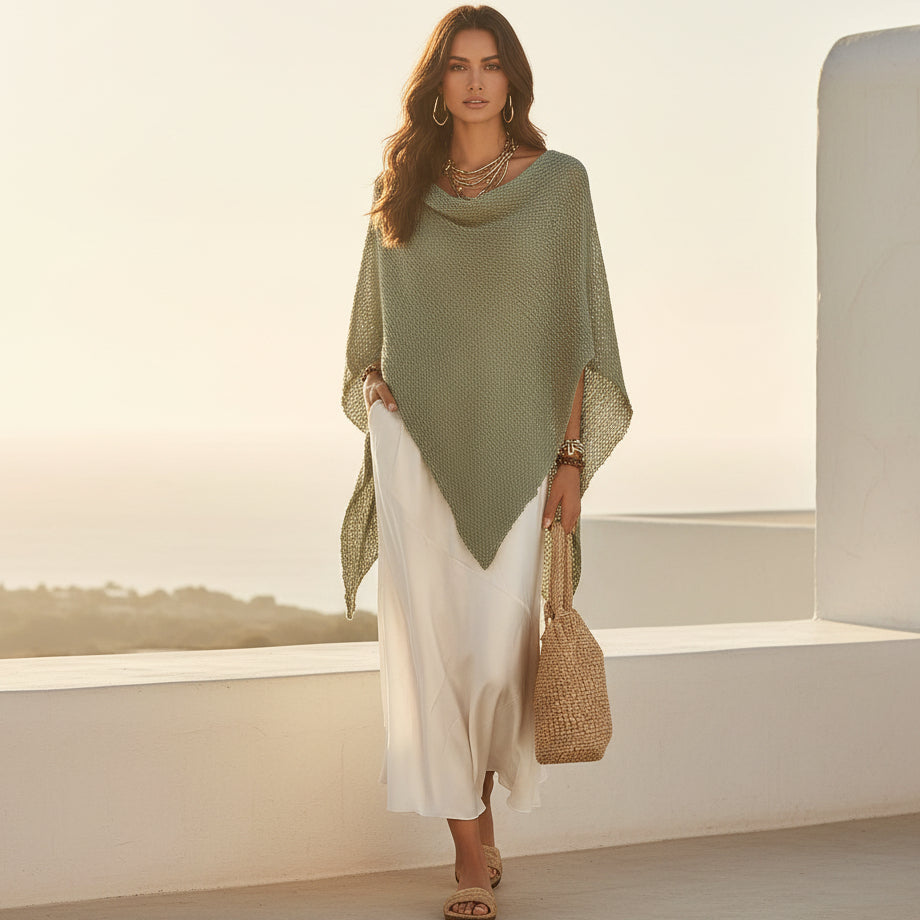 Women's Open-Knit Asymmetric Cape & Ruched V-Neck Fluid Maxi Dress Set