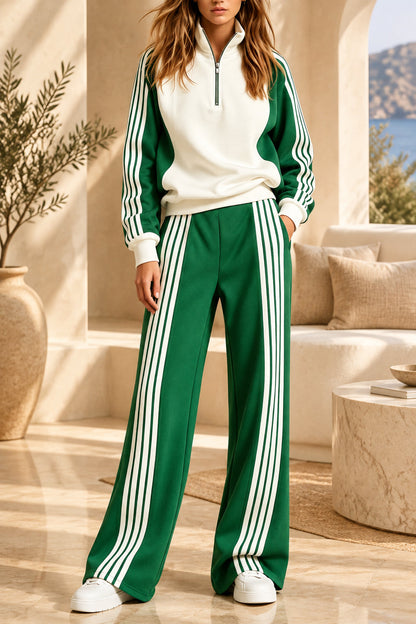 Women's Three-Stripe Colour-Block Half-Zip Sweatshirt & Wide-Leg Track Trouser Set
