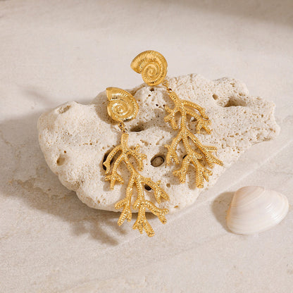 18K gold conch shell with coral design unique and noble earrings