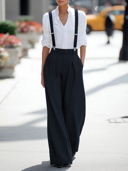 Women's High Waist Wide Leg Pants with Detachable Shoulder Straps & Pockets